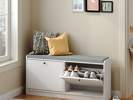 Shoe Storage Bench With Cushion, Entryway Organizer Cabinet For Hallway - White