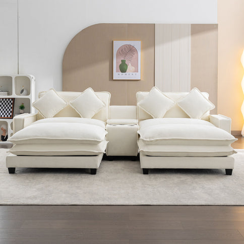 Sectional Sofa Upholstered Sofa With Two Removable Ottoman, Two USB Ports, Two Cup Holders And Large Storage Box For Living Room