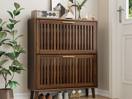 Medieval Modern Shoe Cabinet With 2 Flip Drawers And Fence Design