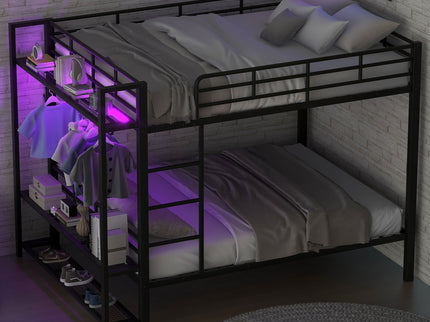 Bunk Bed With Storage Shelves, Clothes Hooks, LED Light