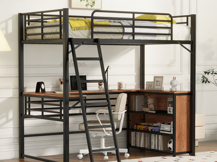 Loft Bed & 3 Layers Of Shelves And L-Shaped Desk