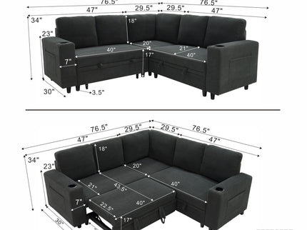 Upholstered L - Shape Sectional Sofa Bed With Pull Out Sleeper And Storage