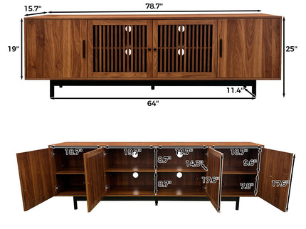 TV Stand, Media Console With Soft Closing Hinges, Adjustable Shelves, Slatted Doors - Walnut