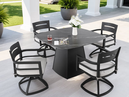 Outdoor Patio Dining Set, Squircle Dining Table, Dining Chairs With Sunbrella Cushions