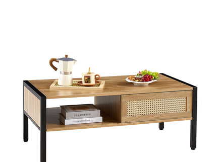 40.16" Rattan Coffee Table, Sliding Door For Storage, Metal Legs, Modern Table For Living Room