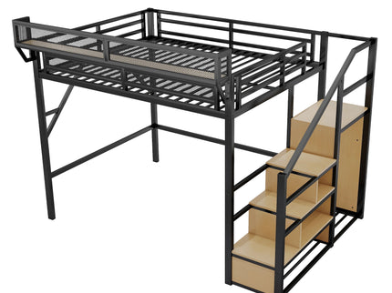 Queen Size Loft Bed & Stairs, Storage Shelves, Wardrobe - Black / Wood