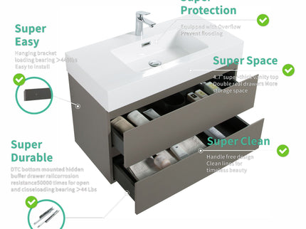 Alice - Bathroom Vanity With Sink, Large Storage Wall Mounted Floating Bathroom Vanity For Modern Bathroom, One-Piece Sink Basin Without Drain And Faucet