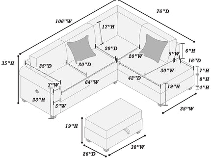 Contemporary Sectional Set With Right Arm Chaise, Left Arm Sofa With USB Port, Storage Ottoman