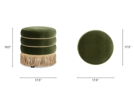 Edward - Round Upholstered Ottoman With Bullion Fringe - Olive Green