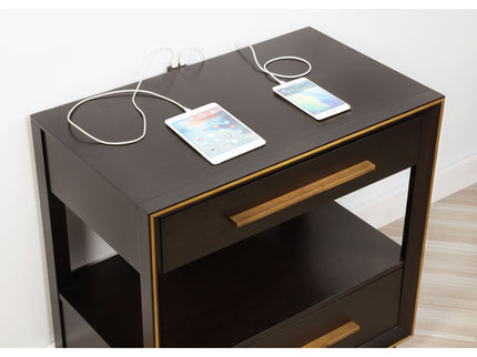 2 Drawer Nightstand With Trim And USB Charging - Brown