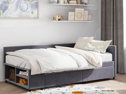L Shaped Upholstered Platform Bed With Storage And Drawers