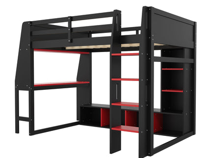 Gaming Loft Bed With Desk, Multi Storage Shelves, LED Lighting, And Hanging Clothes Rack