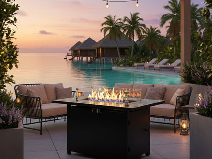 Outdoor 2 In 1 Gas Fire Pit Table With Lid & Glass Shield, Stainless Burner, Lava Rock, Rectangular Design - Black