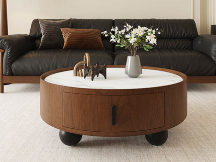 Round Coffee Table With Ball Feet, Pull Handle Storage Drawer - Bouguer Walnut / Brown