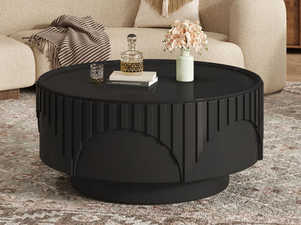 Round Fluted Drum Coffee Table With Sturdy Base For Living Room