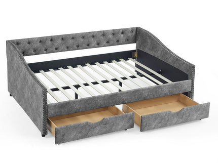 Upholstered Tufted Daybed With Drawers, Waved Arms