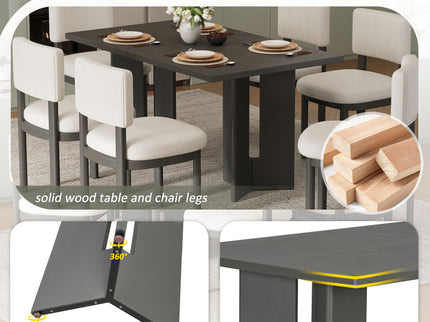 Dining Table Set With 6 Upholstered Chairs, Rectangular Table With Cutout Legs