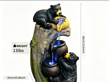 Bear Tree Stump Outdoor Water Fountain With LED Lights - Brown Gray