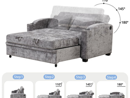 Pull Out Loveseat Sofa With Adjsutable Backrest, 2 Pillows, Cup Holders, USB Ports For Living Room