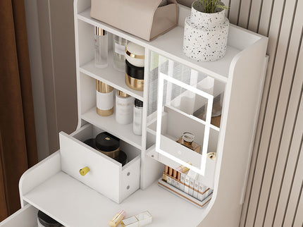 3 In 1 Dressing Table With LED Mirror & Storage Stool, Compact Makeup Vanity - White