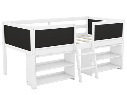Low Loft Bed With Movable Shelves And Ladder, Decorative Chalkboard Guardrail