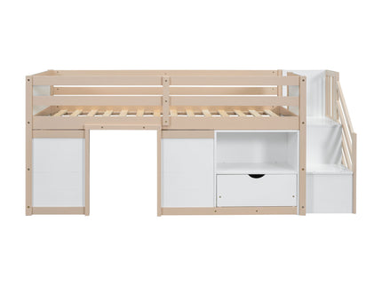 Low Loft Bed With Stair, Drawer, And Shelf
