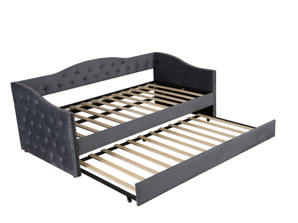 Twin Size Upholstered Daybed With Trundle And USB Charging Design For Bedroom - Gray