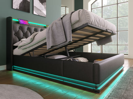 Upholstered Bed, 360 Surround LED Function, Remote Control, Hydraulic Storage Bed With USB, Type-C Charging (Without Mattress)