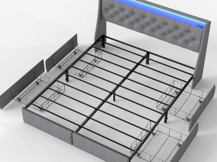 Platform Bed Frame With RGB LED Lights, Charging Station, Storage Headboard & 4 Underbed Drawers