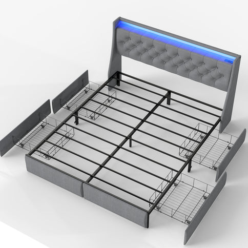 Platform Bed Frame With RGB LED Lights, Charging Station, Storage Headboard & 4 Underbed Drawers