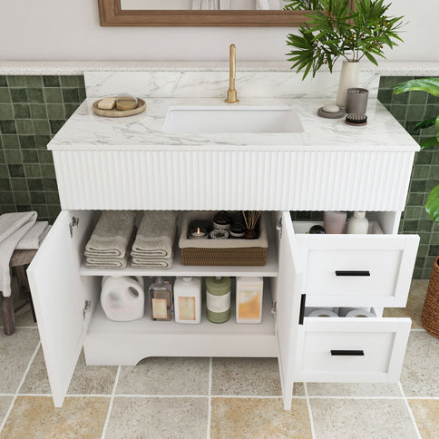 Bathroom Vanity Set, Fluted Cabinet, Soft Close Doors & Drawers, Single Faucet Hole, Sink Included - White