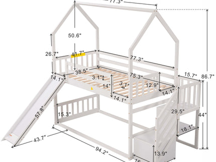 Twin Over Twin House Bunk Bed With Convertible Slide, Storage Staircase