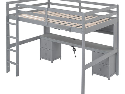 Loft Bed With Desk, Cabinets, Drawers, Charging Station And Bedside Tray