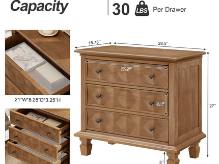 Nightstand With Charging Station, 3 Drawer Bedside Table - Natural Wood