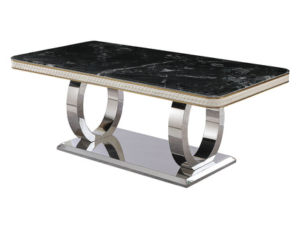 Luxury Modern Dining Table With Faux Marble Top And Dual Circle Base - Black