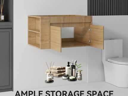 Floating Bathroom Vanity Cabinet, Soft Close Double Drawers, Open Side Storage, Wall Mounted, Cabinet Only
