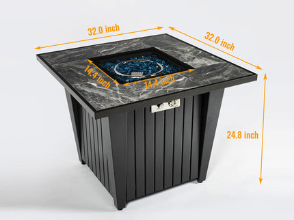 Morden Steel Fire Pit Table With Marble Tile Tabletop, Glass Wind Guard And Lid