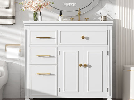 Modern Bathroom Vanity With Ceramic Sink, Freestanding, One Tip Out Drawer, 3 Side Drawers, Adjustable Shelf