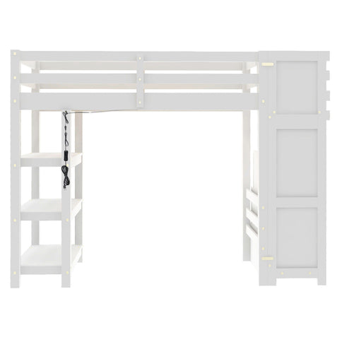 Loft Bed With 4 Layer Shelves, Storage Staircase, Small Wardrobe And LED Light
