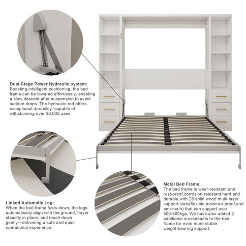 Queen Size Murphy Wall Bed With Side Storage Cabinets - White