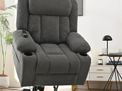 Power Lift Recliner Chair With Extended Footrest, Remote Control, Cup Holders, And Side Pockets