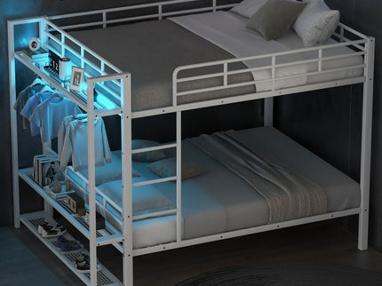Bunk Bed With Storage Shelves, Clothes Hooks, LED Light