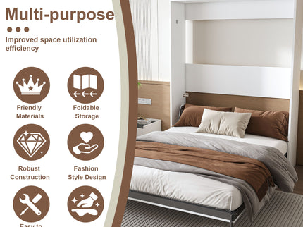 Queen Murphy Bed, Foldable Wall Bed, Space Saving Design For Bedrooms - White