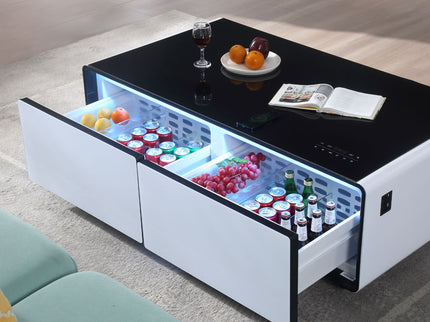 Modern Smart Coffee Table With Built-In Fridge, tooth Speaker, Wireless Charging Module, Touch Control Panel, Power Socket, USB Interface, Outlet Protection, Atmosphere Light