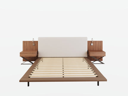 Floating King Size Bed With Integrated Side Tables And Smart Lighting - Beige Gray / White