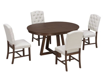 Dining Set With Leaf Round Table And 4 Upholstered Chairs