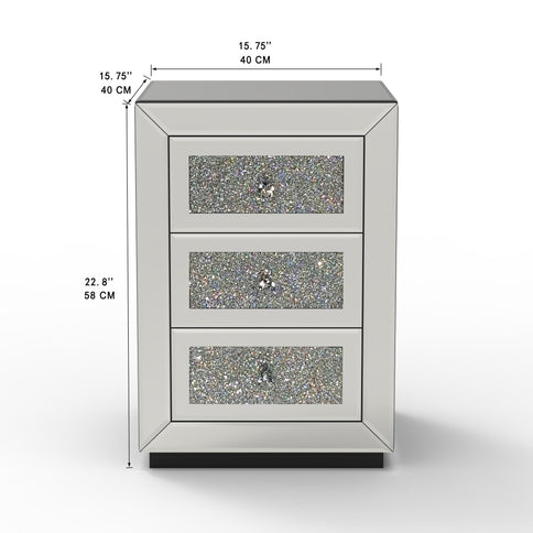 3 Drawer Nightstand With Glass Accents, Bedside Table For Bedroom - Silver