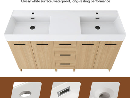 Double Sink Bathroom Vanity With 3 Drawers, Large Storage, Integrated Sink, Freestanding Cabinet, Soft Close Hardware - Glossy White / Light Oak