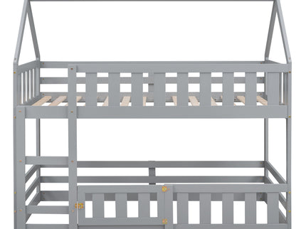 Twin Over Twin House Bunk Bed With Fence And Door