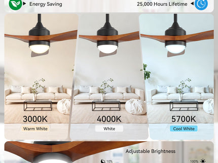 52" Ceiling Fan With Dimmable LED Light, 6 Speed DC Motor, 3 Blades